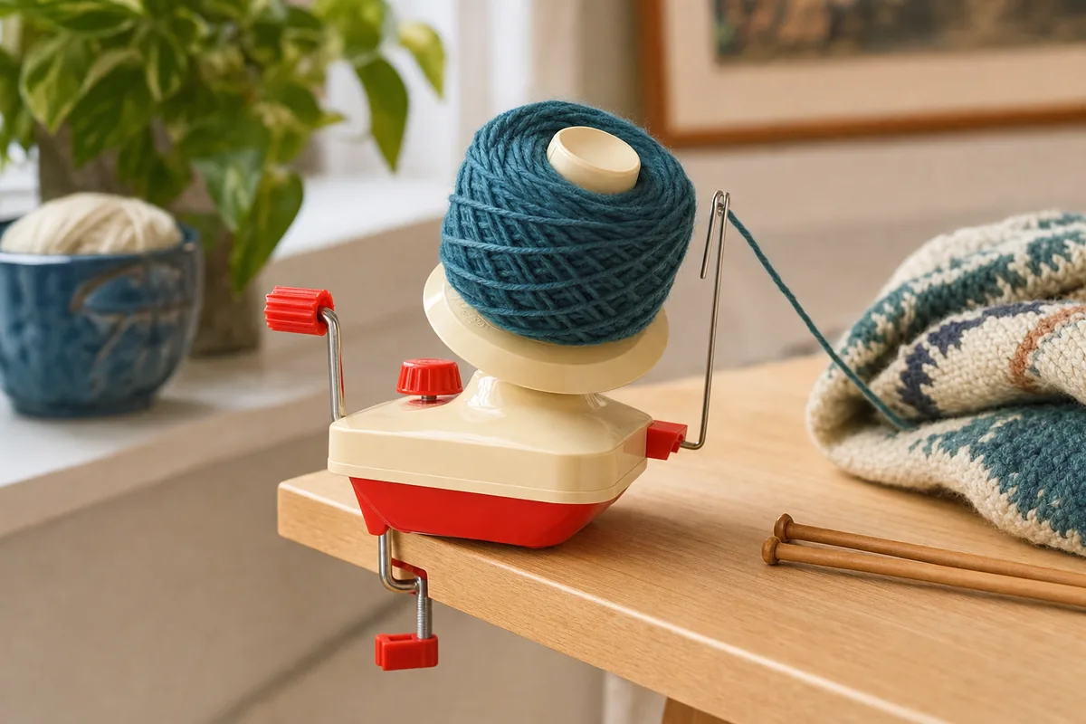 Hands guiding yarn from the blue umbrella swift toward a cream and red ball winder on the same table