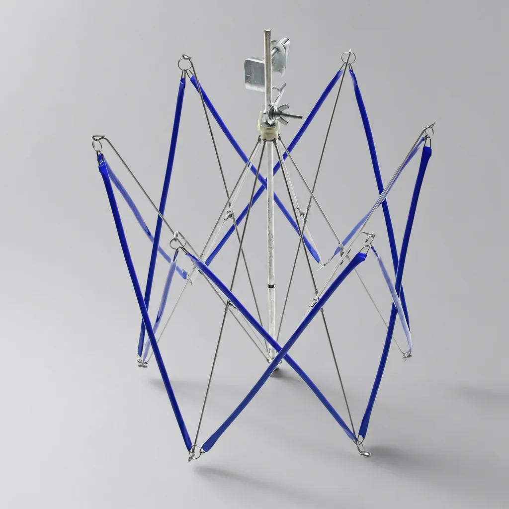 Blue umbrella yarn swift open on a wooden table, screwed to the table edge with its clamp