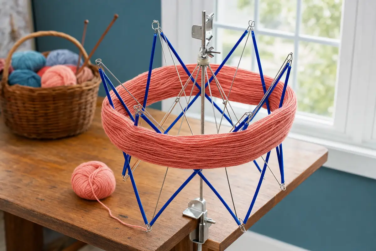 Blue umbrella swift clamped to a table with a hank of yarn spread across its open ribs
