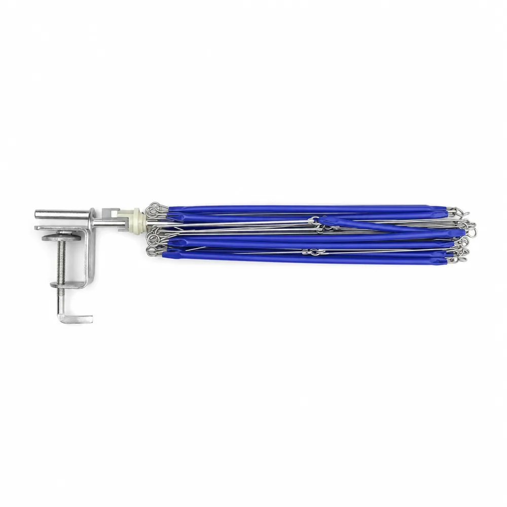 The blue umbrella swift folded completely flat with its screw table clamp still attached