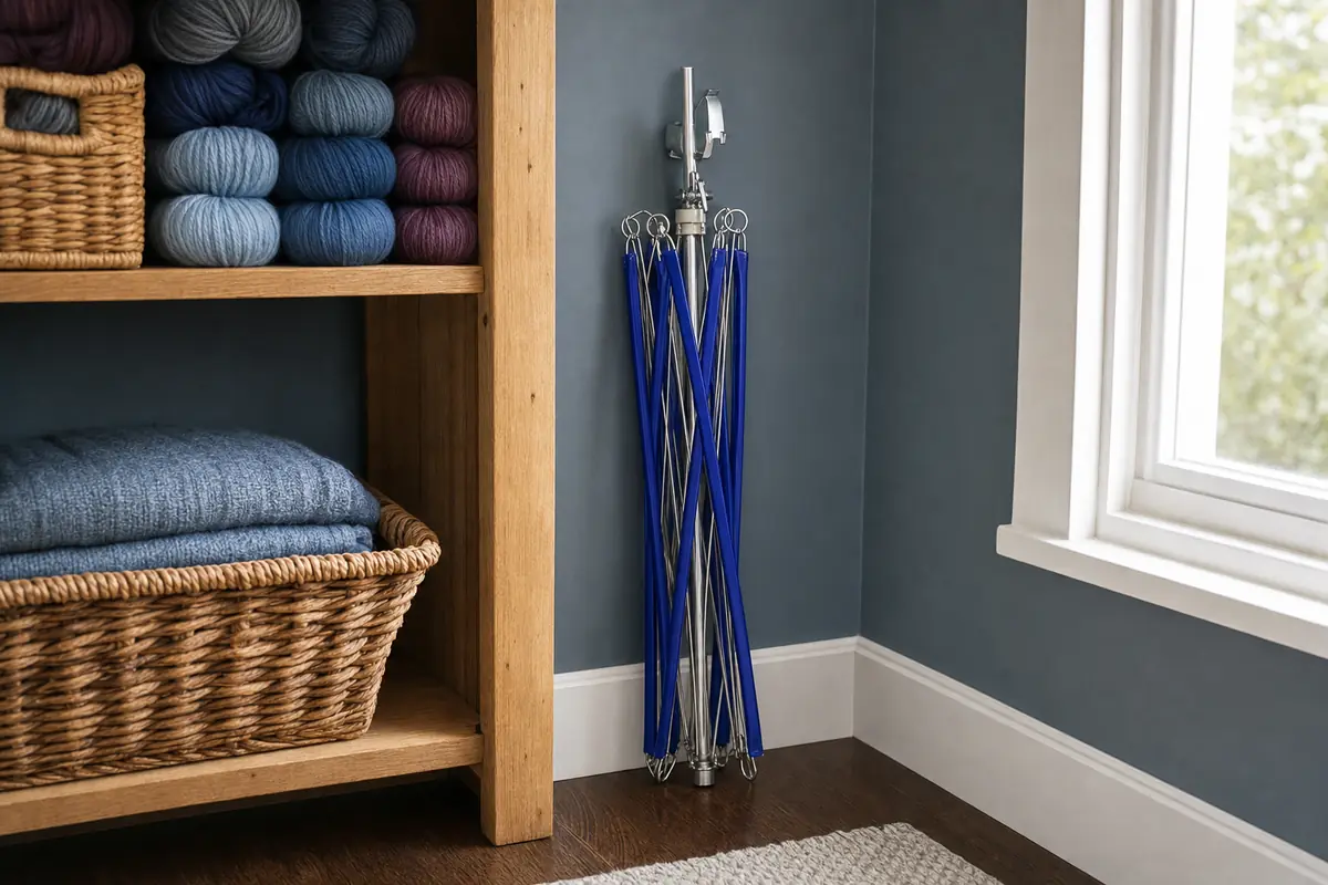 Blue umbrella swift folded and stored upright in a craft corner beside baskets of wool